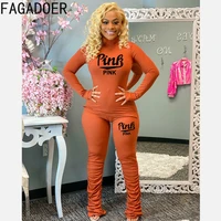 fagadoer casual spring fall sport two piece sets women high collar pink letter print top and stacked pants tracksuit female 2022