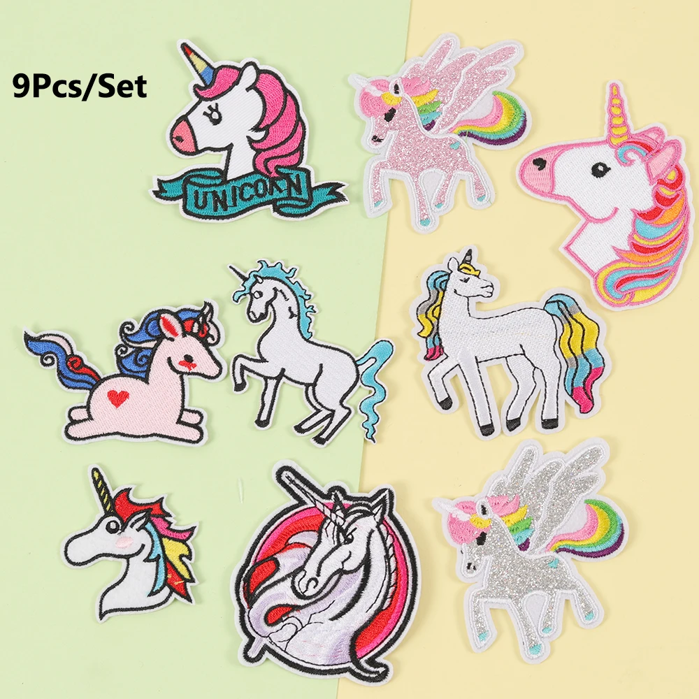 

9Pcs Cartoon Cute Unicorn Iron on Patches Embroidered Appliques Fabric Stickers for Baby Kids T-shirt Clothes Bags DIY Patchwork
