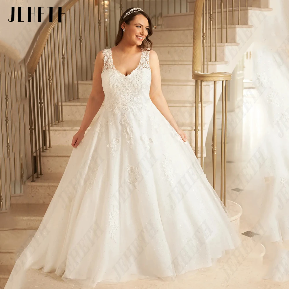 

JEHETH Elegant Wedding Dresses Plus Size Sleeveless Scoop Bride Gowns Lace Up Back Applique A-Line Tulle vestidos de novia