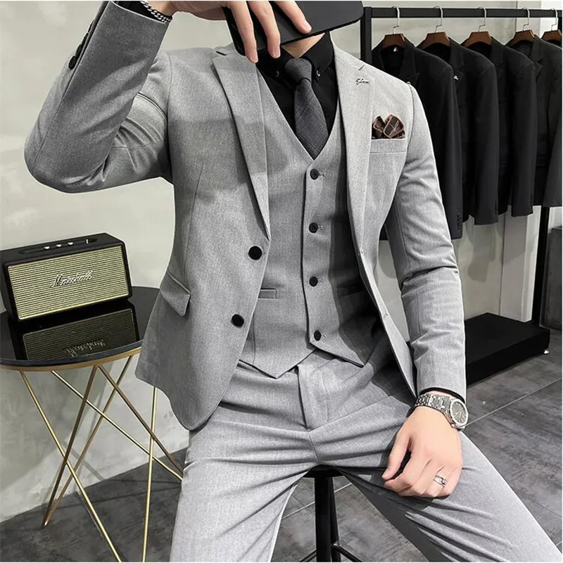 Plus Size S-7XL Man Korean Slim Fit Custom Groom Business Casual Tuxedo Blazers Vest Pant Casual Wedding Social Tuxedo Dress