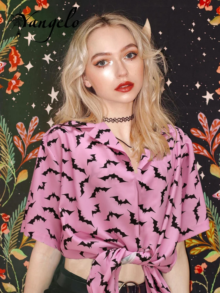 

Yangelo Fairy Grunge Pink Egirl's T-shirt Blouse 2022 Harajuku Bat Graphic Emo Aesthetic Women Blouses Tops Gothic Chiffon Tee