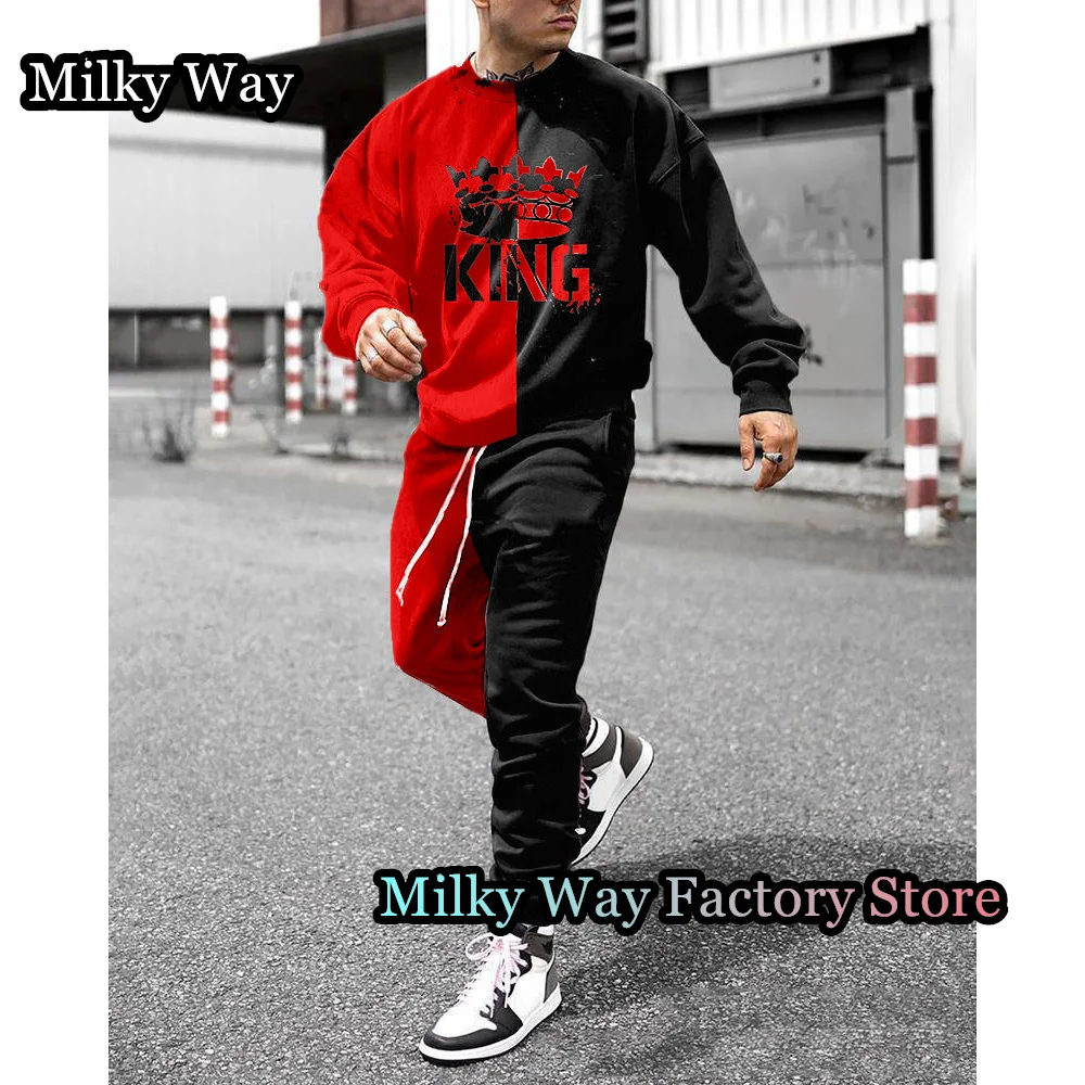 New Spring Autumn Men's Tracksuit Fashion Casual Long Sleeve T-shirts Trousers Suit Solid Color Streetwear Outfit Clothing Set