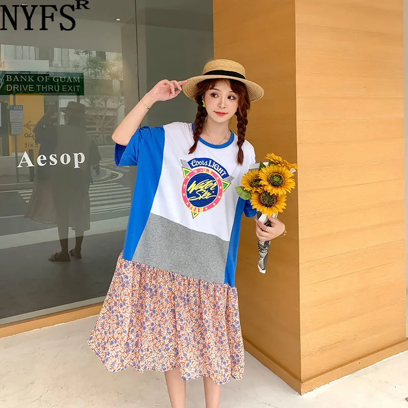 

NYFS 2022 Summer Korea New Loose Woman Dress Vestidos Robe Elbise Fashion Cotton Patchwork Chiffon Hem Print Long Dresses