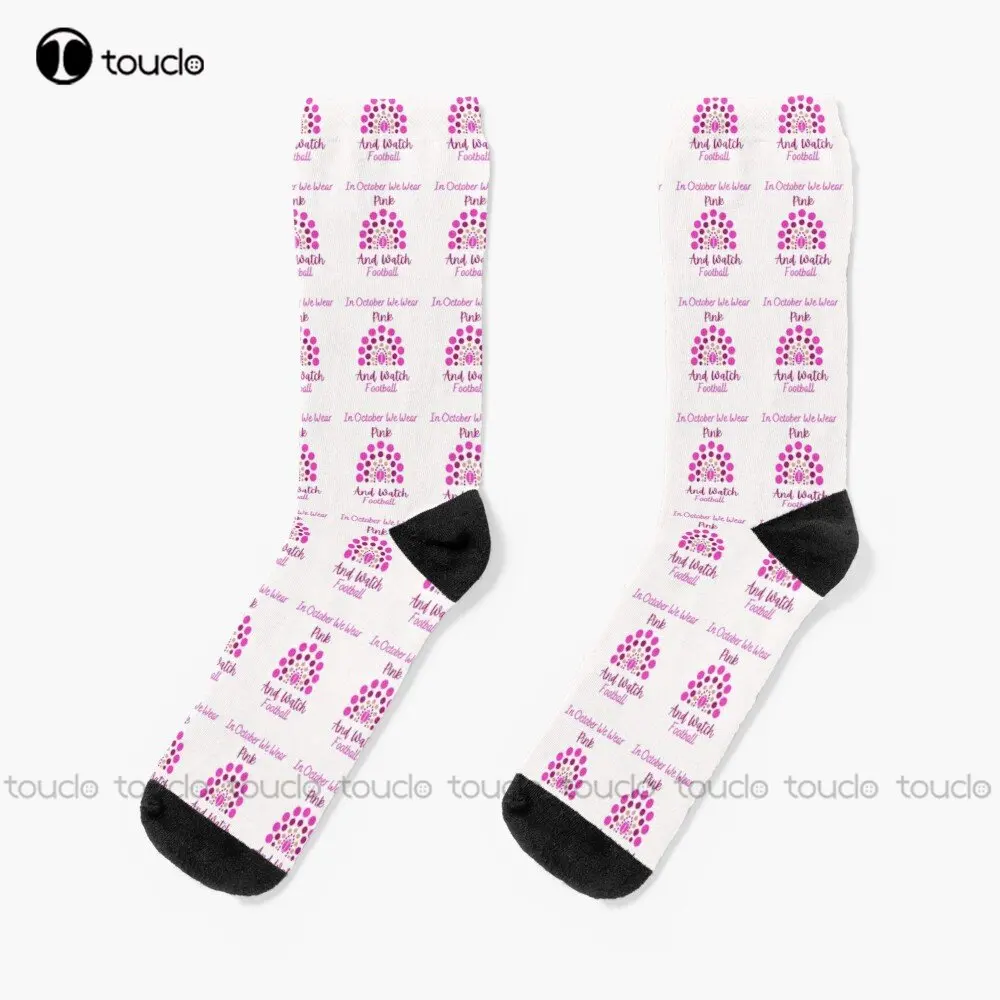 

In October We Wear Pink And Watch Football Socks Mens White Socks 360° Digital Print Custom Gift Street Skateboard Socks Casual
