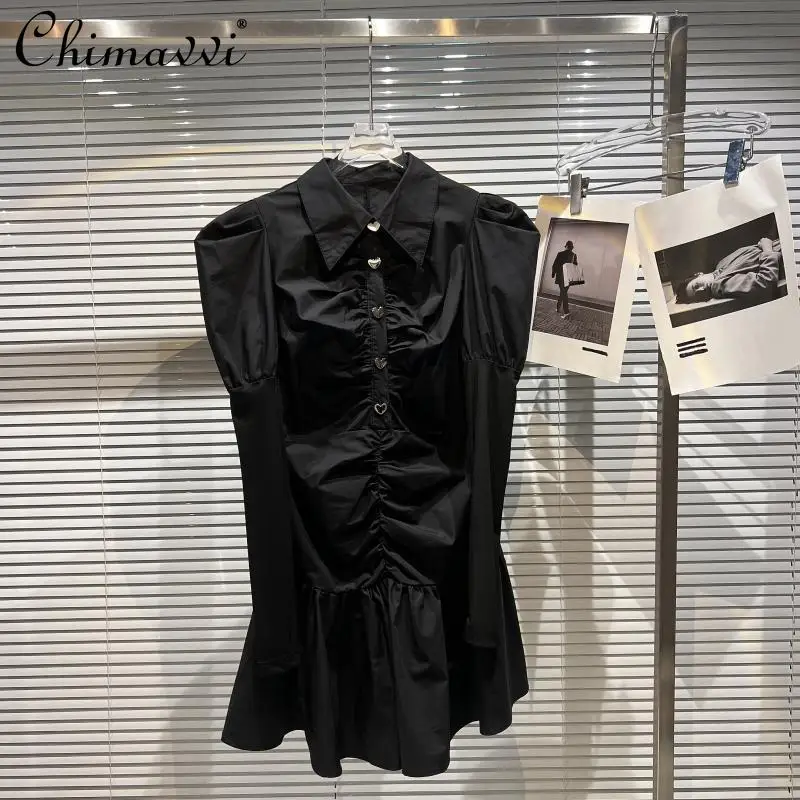 

Black Pleated Short Dress 2022 New Lady Heart Metal Buckle Puff Sleeve Shirt Dress Winter Polo Collar Casual Womens Dresses