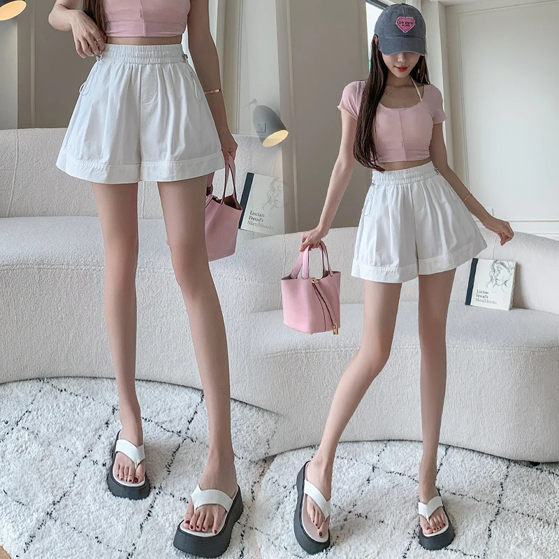 Shorts for Women Elastic Waist Wide Leg Shorts Women A-line Casual Shorts 2023 Summer OL Basic High Waisted Shorts Loose Clothes