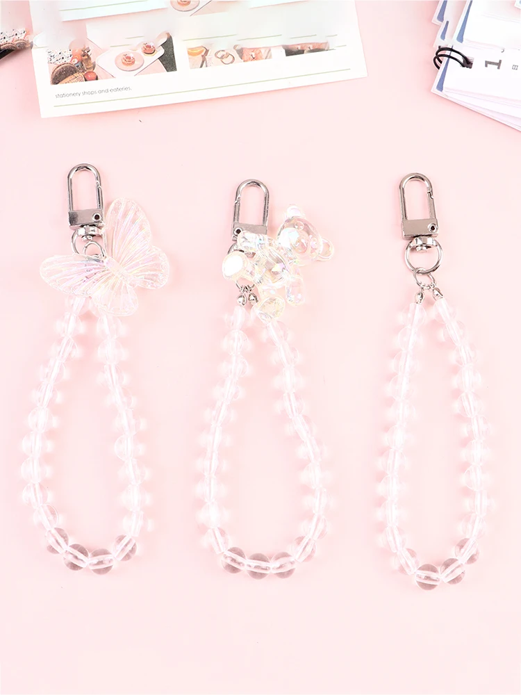 

Mobile Phone Ornament Bling Crystal Bear Butterfly Trendy Keychain Transparent Bead Lanyards Keyring Earphone Charm
