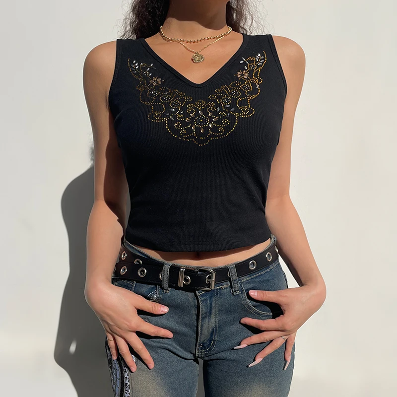 

WeiYao Rhinestone Vintage Graphic Tank Tops For Women Sleeveless V Neck Ribbed Black Cropped Vest Casual Sweats Shirts Y2K