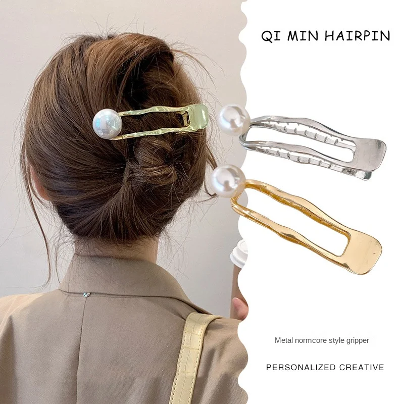 

French elegant pearl metal hairpin female back head feeling duckbill clip temperament clip headdress shark clip