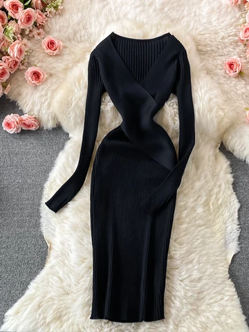 YuooMuoo Autumn Winter 2022 Women Dress Elegant Cross V-neck Slim Waist Knitted Bodycon Dress Korean Office Lady Vestidos