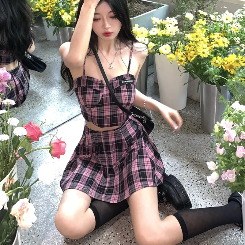 

Женский клетчатый комплект Y2K из двух предметов, привлекательный милый топ, блузка без рукавов, юбка A-Lne, плиссированная юбка в стиле Харадзю...