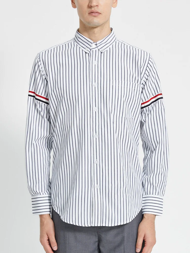 TB THOM Men's Shirt Clothing Summer Top Fashion Brand Striped Armband Slim Casual  Poplin Fine Cotton Long Sleeve Women's Shirts