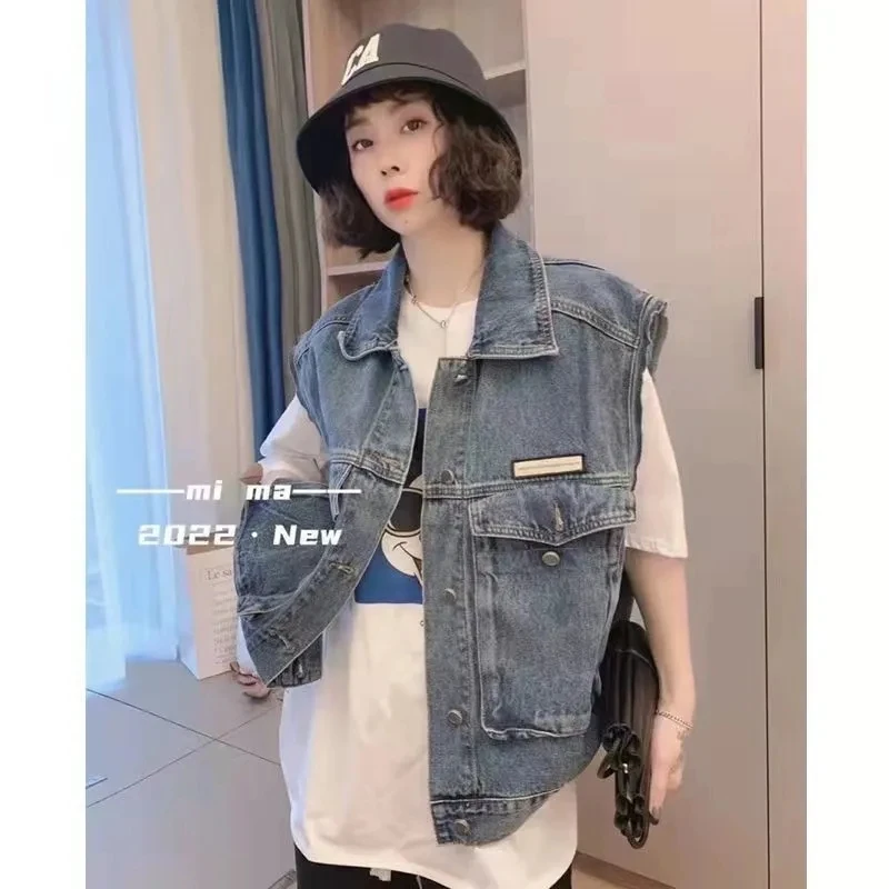 

Denim Vest Jacket Women Pocket Korean Casual Single-Breasted Jeans Waistcoat Turndown Collar Sleeveless Cargo Gilet Femme