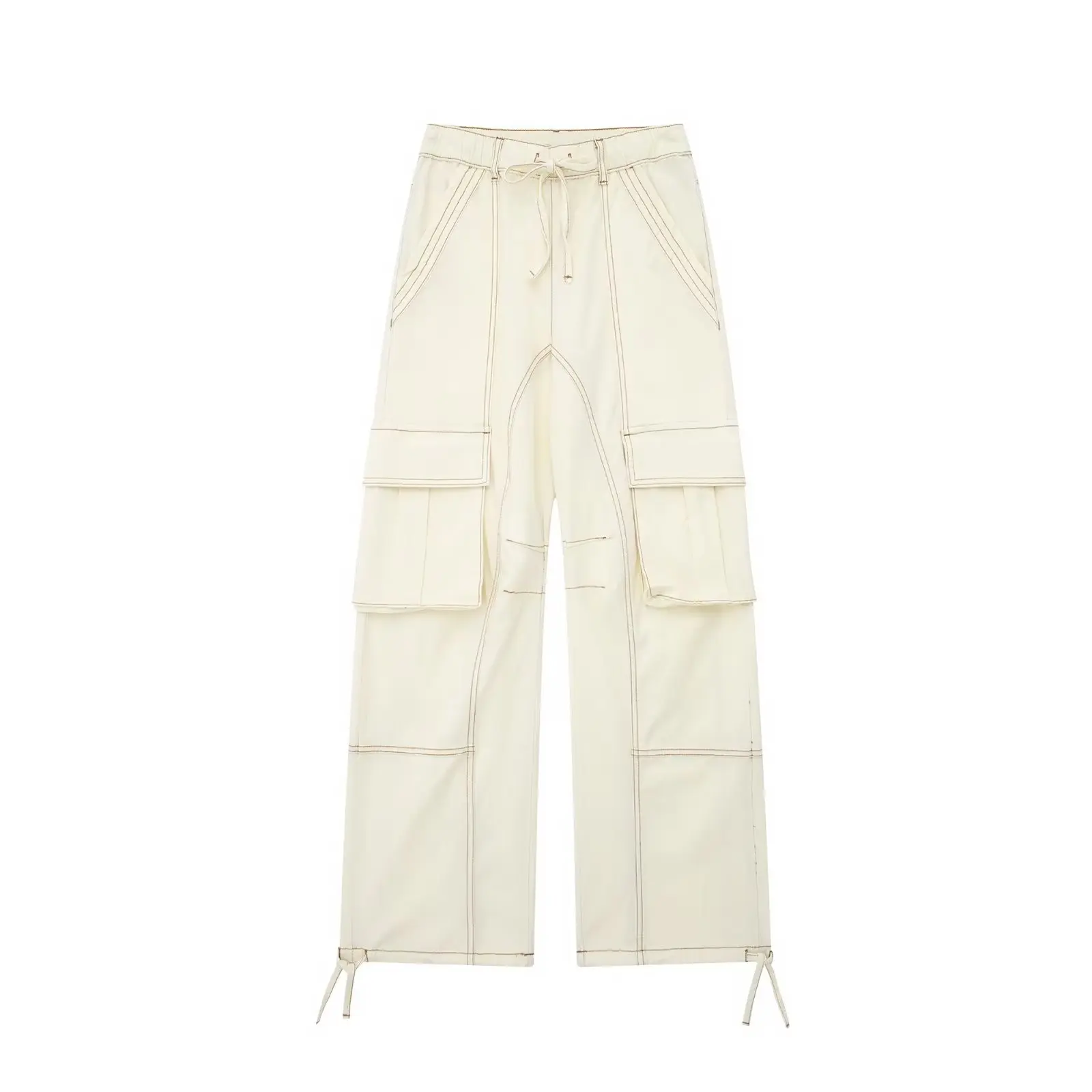

Kumsvag 2023 Women Summer Cargo Pants Fashion Casual Solid Elastic waist Drawstring Bow Pockets Female Elegant Street Trousers