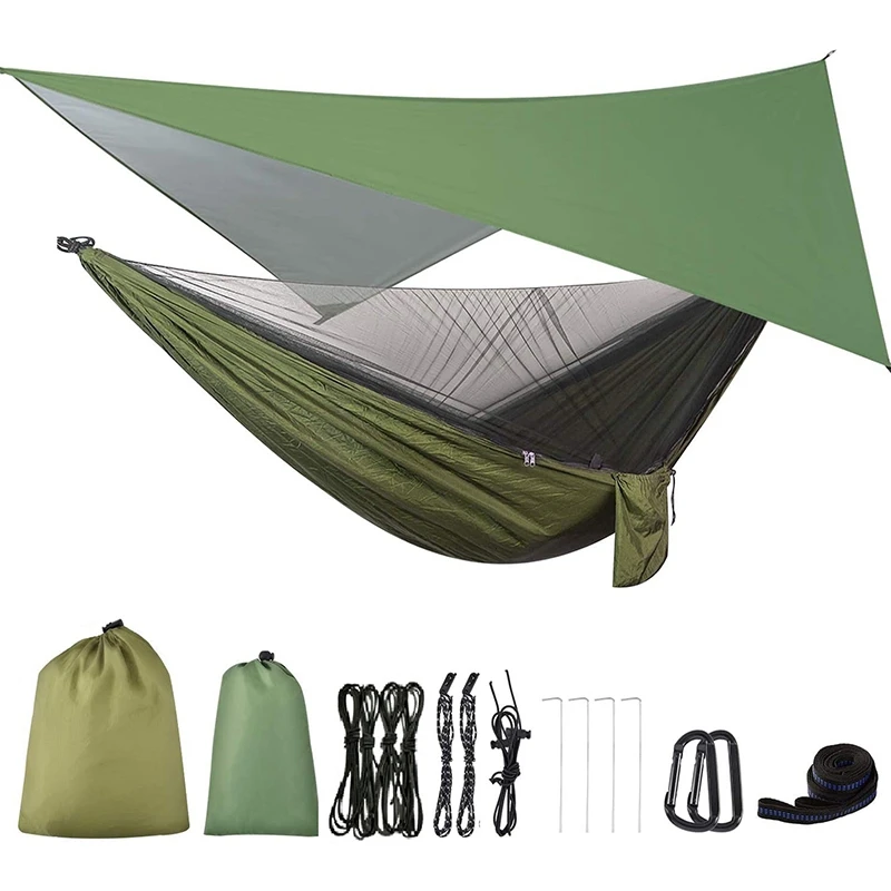 

Camping Hammock With Rainfly Tarp And Mosquito Net, Portable Parachute Hammock For Hiking Outdoor Travel Backyard Promotion