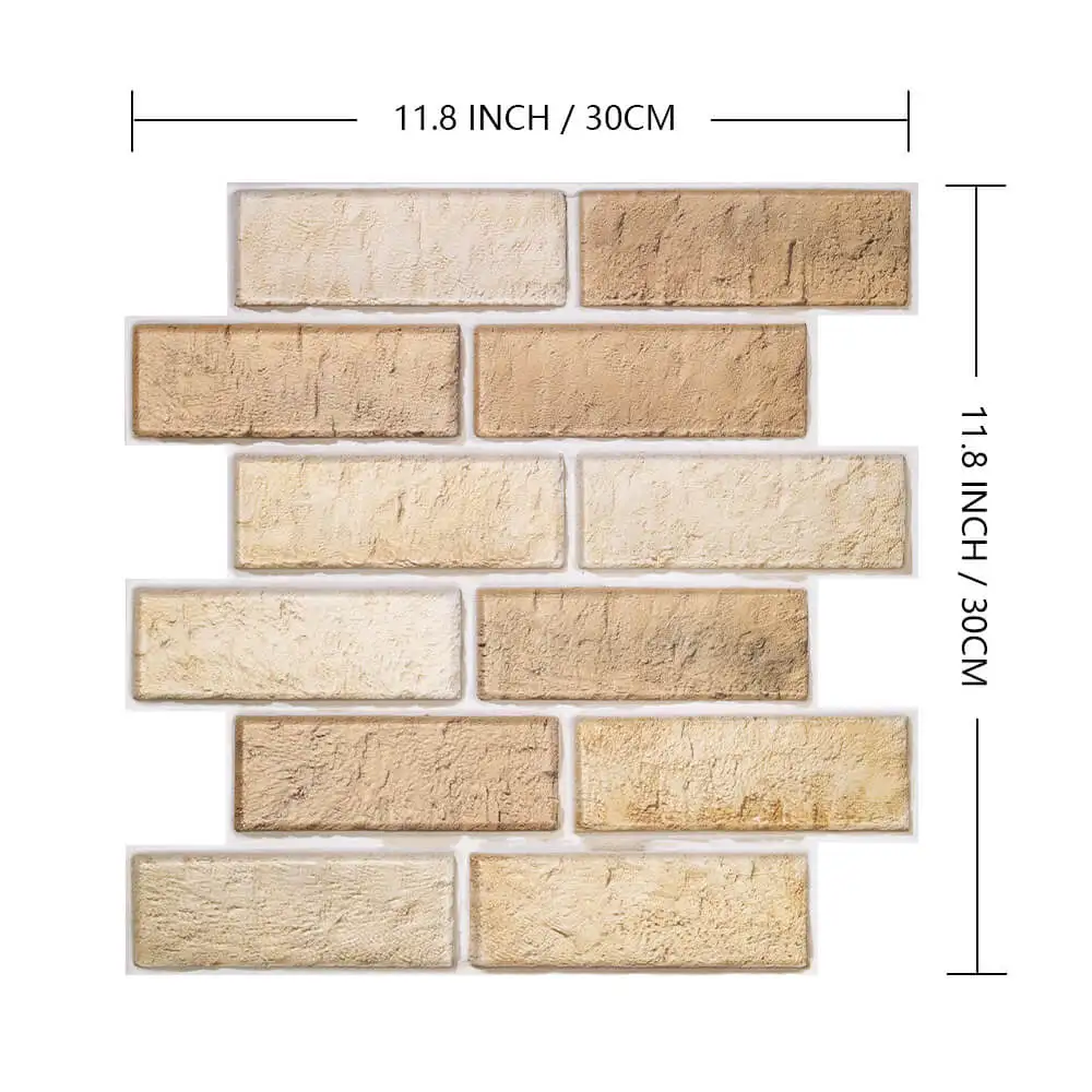 

10Pcs 3D Tan Brick Peel and Stick Wall Tile Self Adhesive Orange Faux Brick Wall Panel Water & Heat Resistant 30cm*30cm