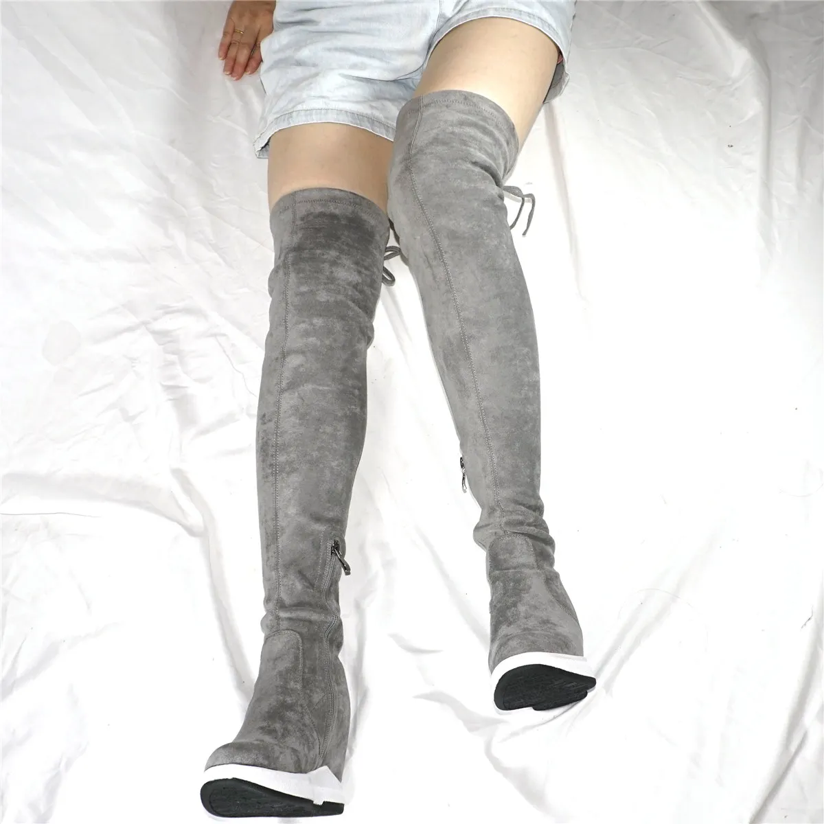 Platform Pumps Shoes Women Stretchy Velvet Wedges High Heel Over the Knee Boots Female Round Toe Fashion Sneakers Casual Shoes