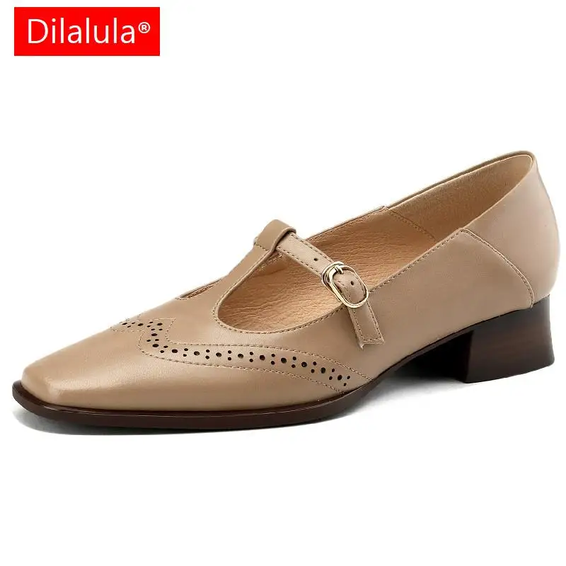 

Туфли-лодочки Dilalula женские на низком каблуке, натуральная кожа, квадратный носок, Т-образный ремешок, Повседневная Винтажная обувь для офиса, весна-лето