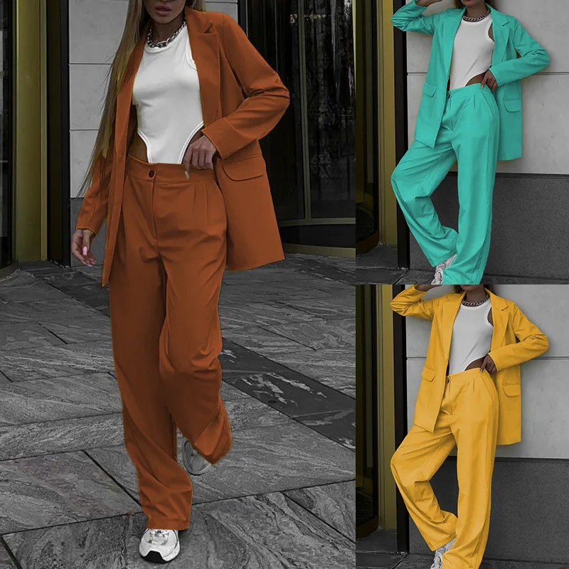 

Spring Autumn 2023 Solid Loose Suit Women Turn-down Collar Long Sleeve Suit Coat Button High Waist Straight Wide Leg Pants Suit