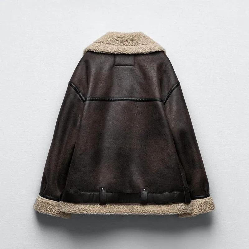 Autumn Winter Woman Faux Suede Lambswool Leather Jacket Coat Warm Long Sleeve Belt Loose Zipper Motorcycle Outerwear