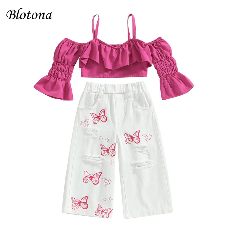 

Blotona Toddler Girls 2Pcs Set Short Sleeve Off Shoulder Sling Tops Butterfly Print Ripped Pants Summer Stylish Clothes 1-6Years