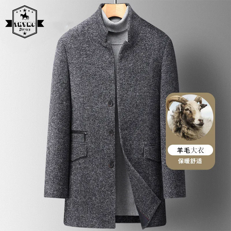 Men's Stand Collar Woolen Coat 2022 Winter Herringbone Pattern Jacket Thickened Wool Windbreaker Men Clothing Fashion Overcoat
