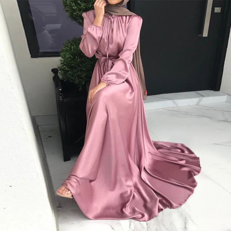 Soft Tunic Dress Elegant Satin Robes Dubai Autumn Vestidos Arabes Dubai Y Turcos Middle East Abaye for Women Caftan Marocain