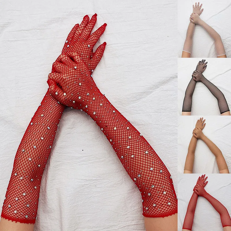 

Stretch Rhinestones Five Fingers Mittens Colorful Flash Diamonds Hollow Mesh Gloves Thin Cosplay Sexy Stage Performance Gloves