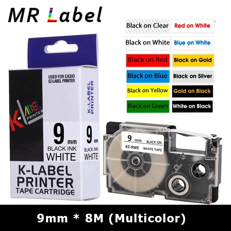 

1pcs XR-9WE XR-9X XR-9YW XR-9RD XR-9BU XR-9GN compatible 9mm label tape for EZ Printers KL-60-L KL-60SR KL-120 KL-820