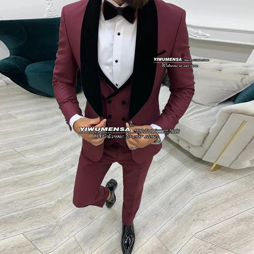 Мужской облегающий костюм для свадьбы черный бархатный пиджак с лацканами жилет