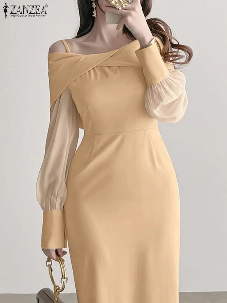 

Vintage Mesh Lantern Sleeve Maxi Vestido Elegant Cold Shoulder Dress Women Wrap Hips Dresses ZANZEA Fashion Khaki Evening Robe