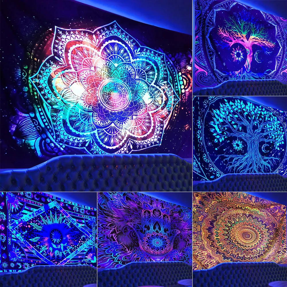 

Fluorescent Psychedelic Mandala Sun Moon Phase Tapestry Wall Hanging Room Decoration Under Ultraviolet Light