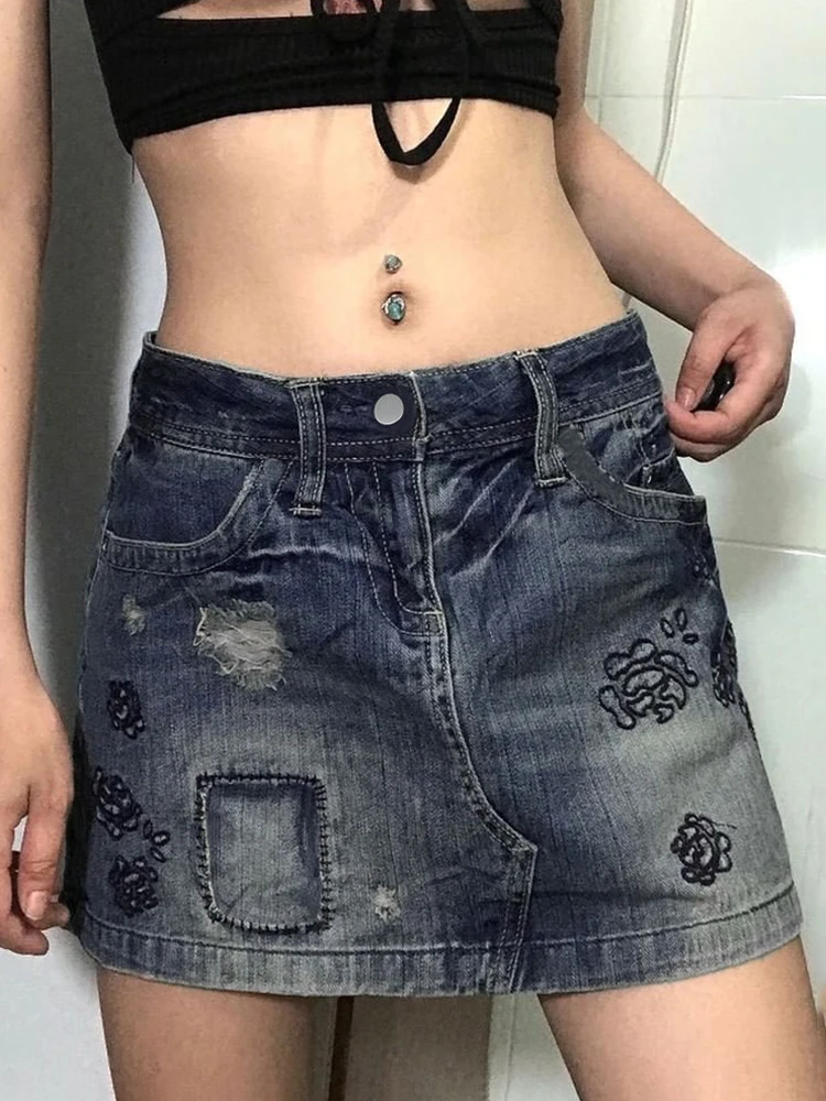 

Harajuku Retro Fashion Embroidery High Waist Mini Skirts for Women Streetwear Cute Y2K Summer Denim Skirts Aesthetic Outfits New