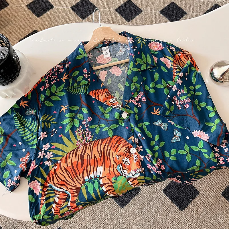 Jungle Blue Tiger Pajamas Summer Cotton Silk Thin Pajama Large Size Sleepwear Senior Sense Women's Short-sleeved Home Wear