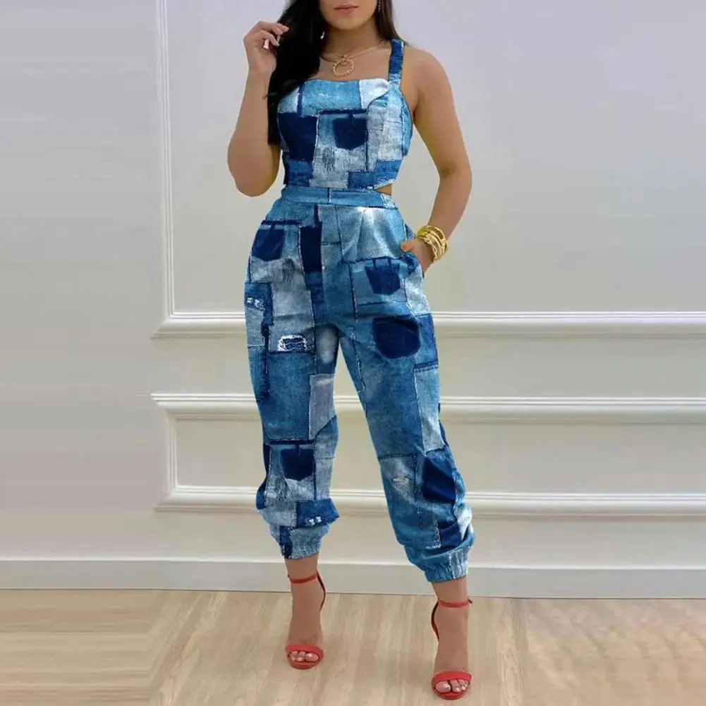 

Summer Rompers Square Collar Off Shoulder Ladies Jumpsuit Lace-up Pockets Flower Pattern Long Playsuits Overalls Streetwear