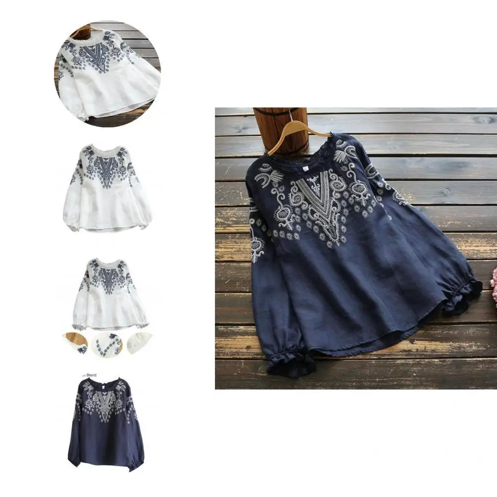 

T-shirt Top Round Neck Casual Blouse Women Casual Ruffles Pullover Top