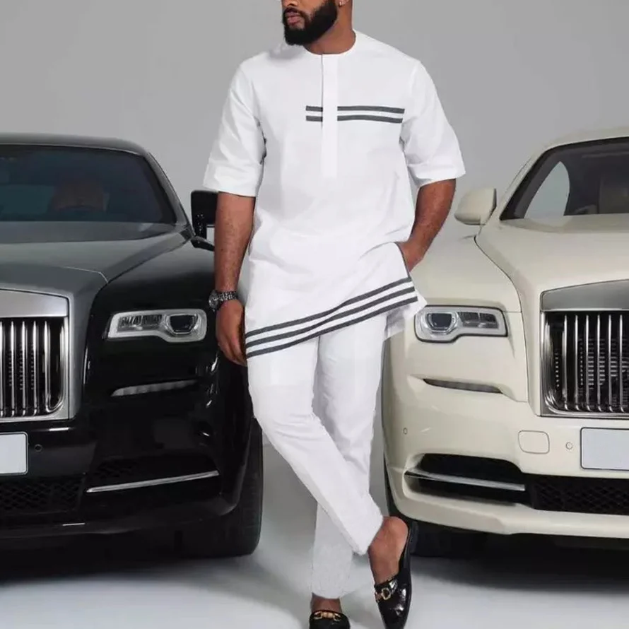 

Muslin Men Suits Stripe Saudi Arabia Dubai Islam Fashion Suit Two Piece Sets Loose Dashiki Top Print African Tops Shirts