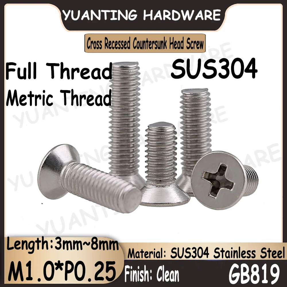 

100Pcs M1.0x3mm~8mm Metric Thread GB819 SUS304 Stainless Steel Cross Recessed Phillips Countersunk Head Screws with Full Thread