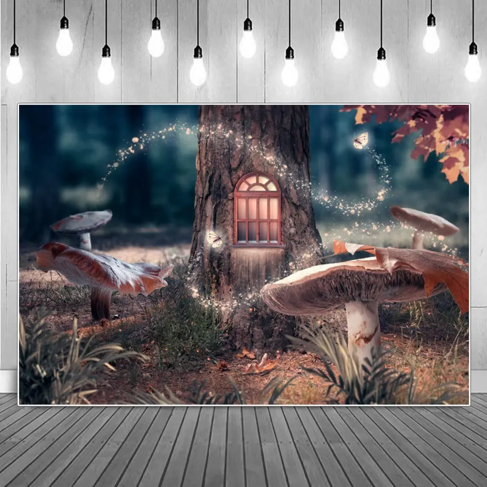 

Фон для фотосъемки с изображением сказочного домика с деревом и леса виниловый волшебный огненный червяк гриб фон для фотосъемки портретны...