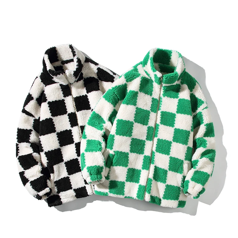 Checkerboard Grid Pattern Fleece Jackets for Men Winter Fashion Trends Padded Clothes Teenage Plus Size Streetwear Casual Coats