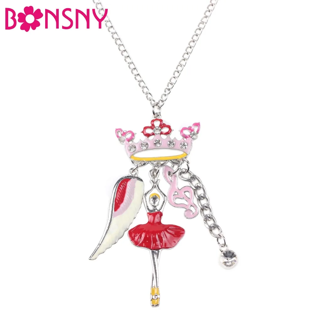 

Bonsny Enamel Jewelry Crown Fairy Angel Wing Necklace Chain Dance Ballet Girl Alloy Maxi Statement News Collar Choker Necklace