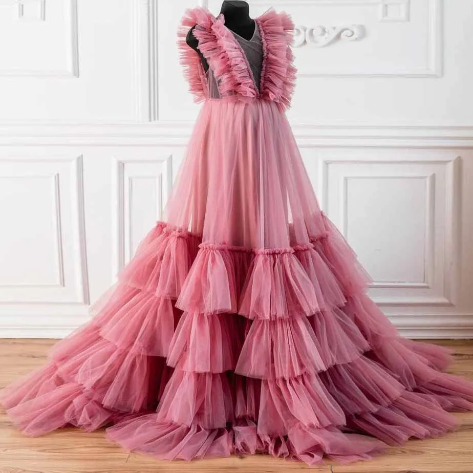 

High Quality Coral Red Long Tulle Maternity Robe Photo Shoots Real Image Ruffles A-line Women Dresses Sheer Back Tutu Gowns