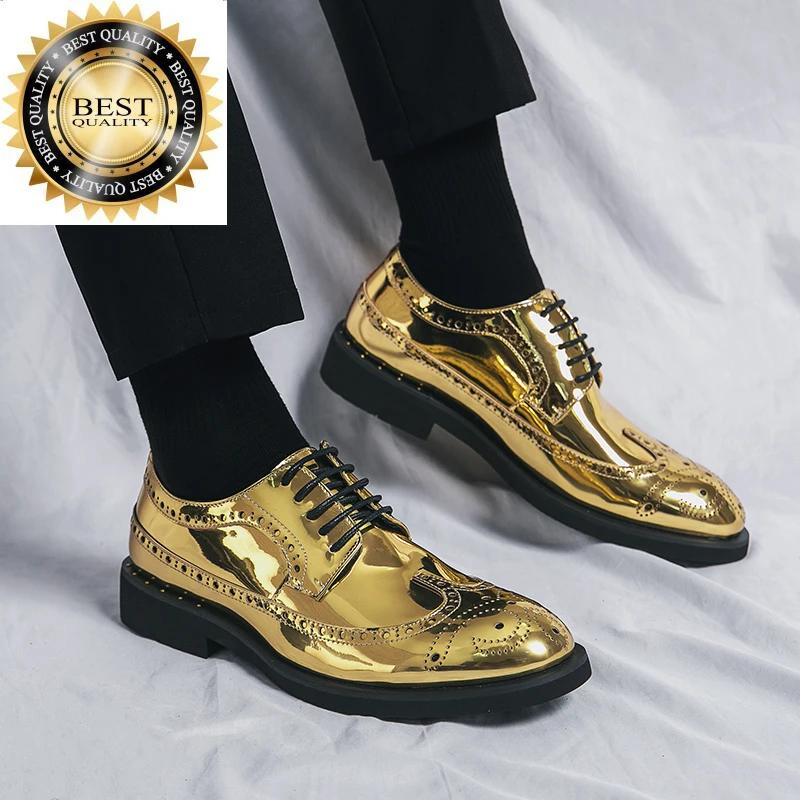 

Premium Patent Leather Shoes Men lace up brogue Wedding Black patent Low Top Soft gold silver Dress men