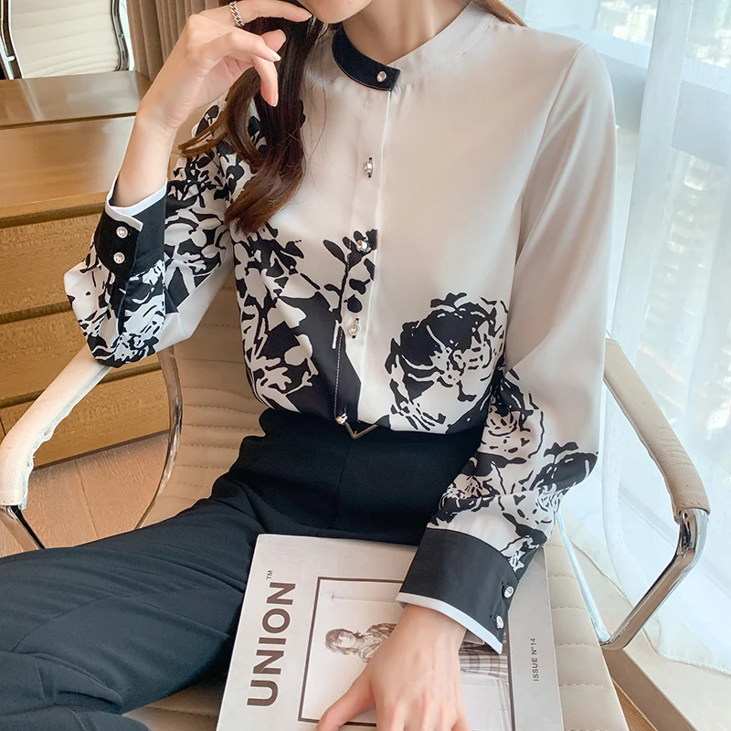 

Spring Autumn Elegant Office Long Sleeve Top Female Printing Blouses Women Fashion Shirts Ladies Casual Mujer Blusas MQ136