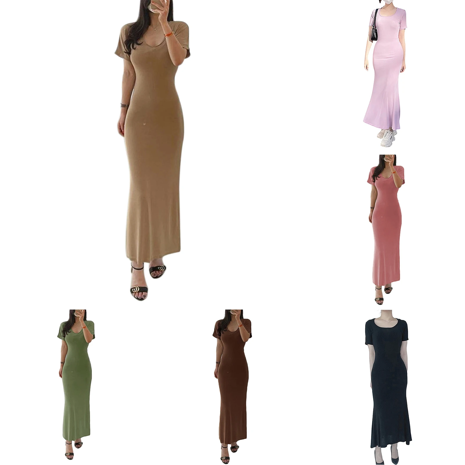 

Women's Summer Long Skinny Dress Solid Color Short Sleeve U Neck Bodycon Dresses
