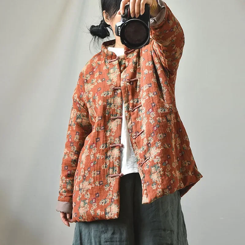 Женские винтажные парки из хлопка и льна Johnature теплые пальто с цветочным принтом