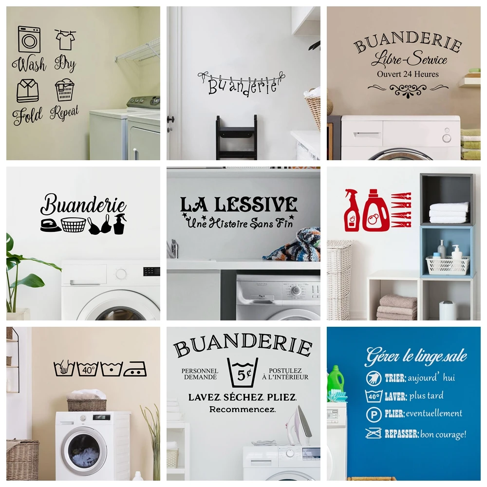 

Diy Laundry room French decoration wall Decal Removable Vinyl wall sticker Buanderie Dry cleaner Pvc Home Decor Accessories
