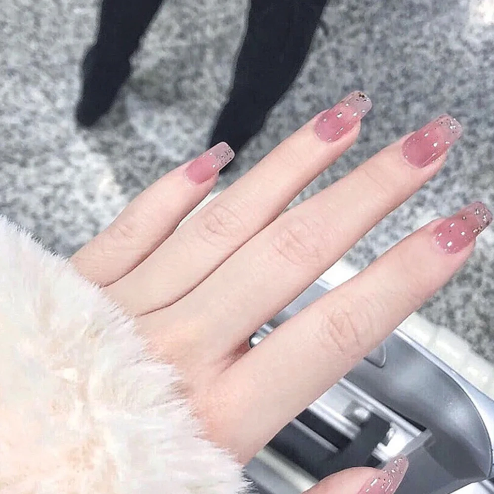 

24pcs/Box Detachable Full Cover Artificial Nail Tips Pink Glitter Square False Nails Fake Nails Wearable