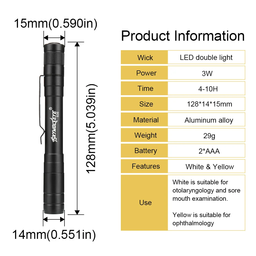 

Yellow White Dual Light Source Medical Mini Pen Style Light LED Flashlight Yellow Light Suitable For Ophthalmology