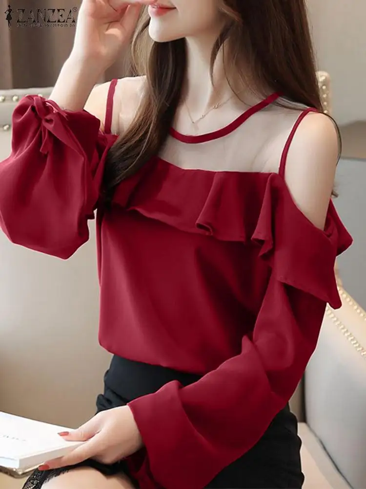 

ZANZEA Ruffles Mesh Patchwork Blouses Puff Sleeve Women Elegant Fashion Tunic Tops O-neck Tied Cuffs Cold Shoulder Sheer Blusas